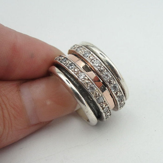 Israel design 9k yellow and rose Gold 925 Sterling Silver white cz Swivel Band Ring