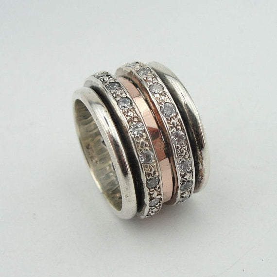 Israel design 9k yellow and rose Gold 925 Sterling Silver white cz Swivel Band Ring