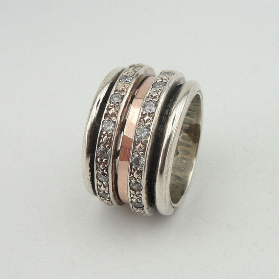 Israel design 9k yellow and rose Gold 925 Sterling Silver white cz Swivel Band Ring