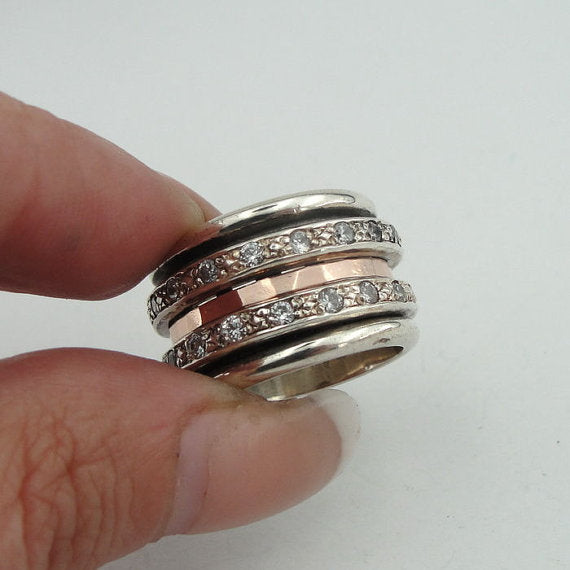 Israel design 9k yellow and rose Gold 925 Sterling Silver white cz Swivel Band Ring