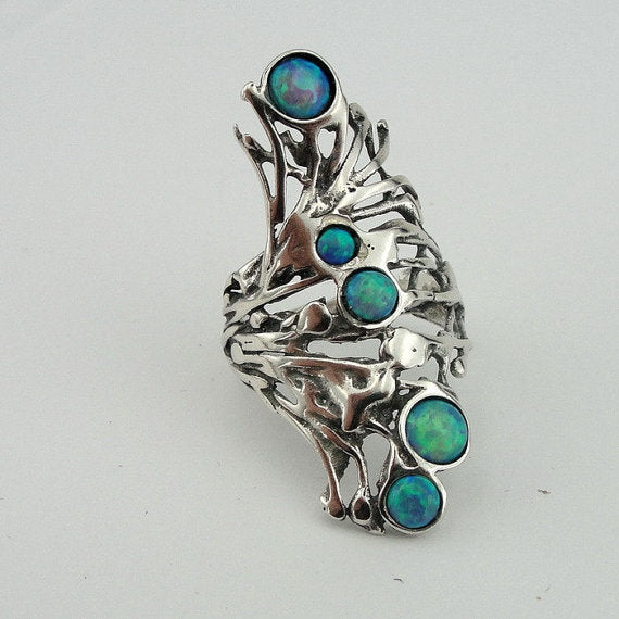 Stunning Long Sterling Silver Opal Ring (h 1588b
