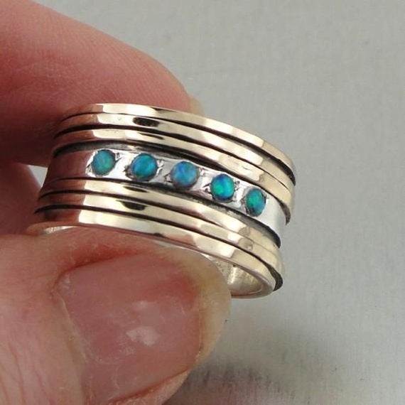 Wedding Israel Handmade Great Art Swivel Gold Silver Opal Ring (I r95)