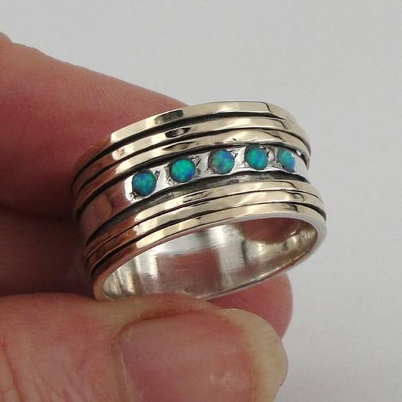 Wedding Israel Handmade Great Art Swivel Gold Silver Opal Ring (I r95)