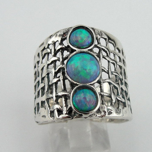 Opal ring, Sterling silver net textured ring