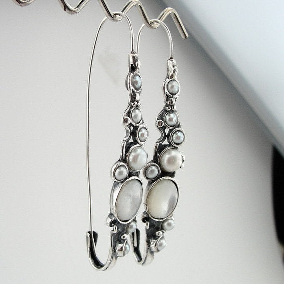 Long Sterling Silver Pearl Earrings