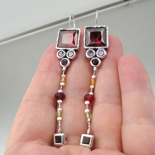 Long Silver Garnet Earrings (as 041)