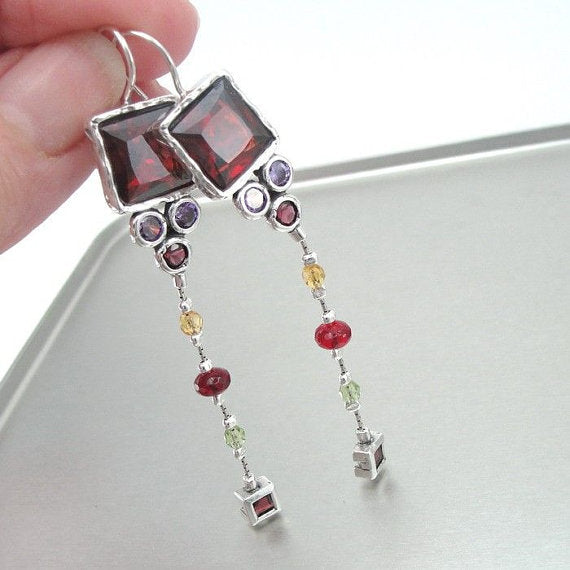Long Silver Garnet Earrings (as 041)