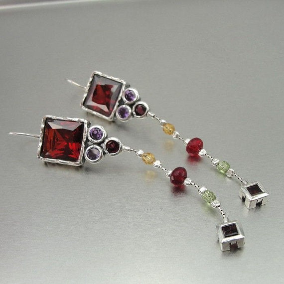 Long Silver Garnet Earrings (as 041)