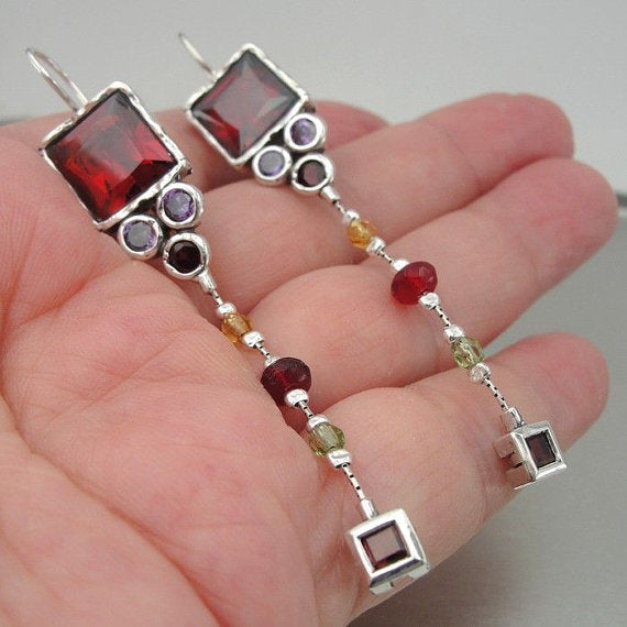 Long Silver Garnet Earrings (as 041)