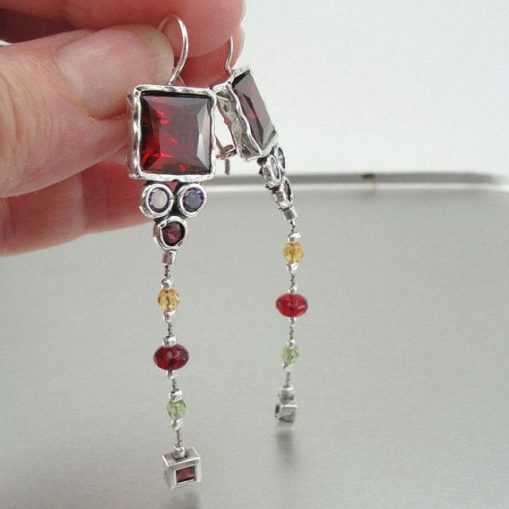 Long Silver Garnet Earrings (as 041)