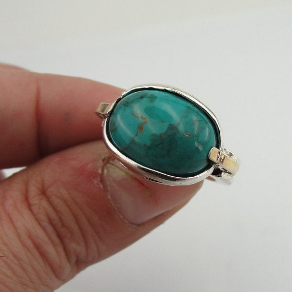 925 Turquoise ring, Handcrafted 9k yellow gold & 925 sterling Silver ring,