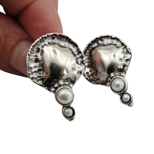Mid-size Earrings, Solid sterling silver with Natural White Pearls.