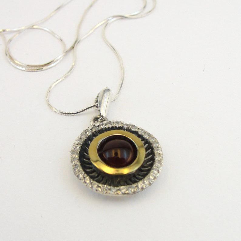 Round Garnet 925 Sterling Silver and 9K Yellow Gold pendant