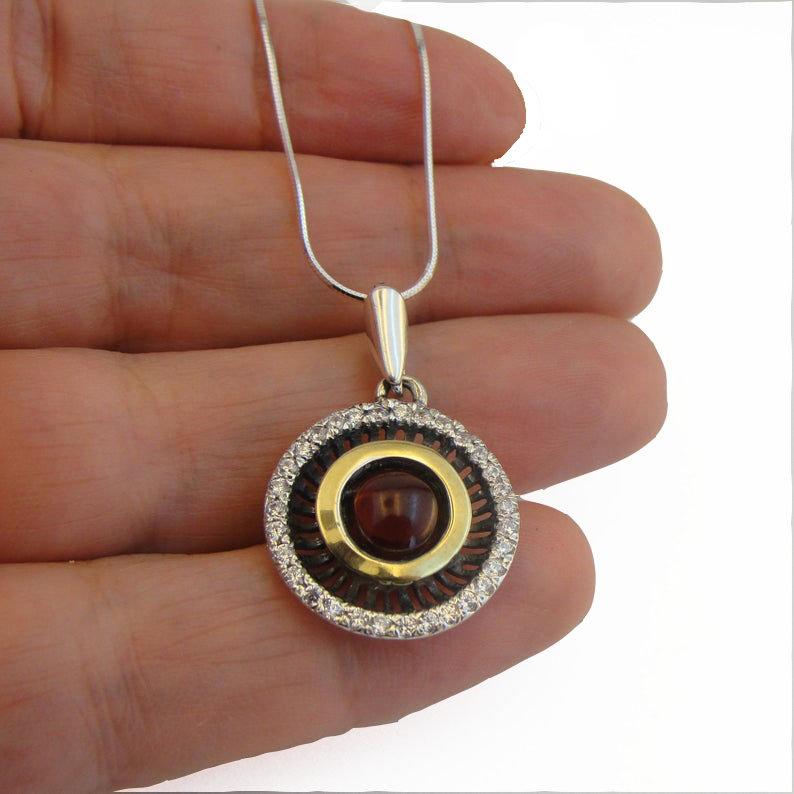 Round Garnet 925 Sterling Silver and 9K Yellow Gold pendant