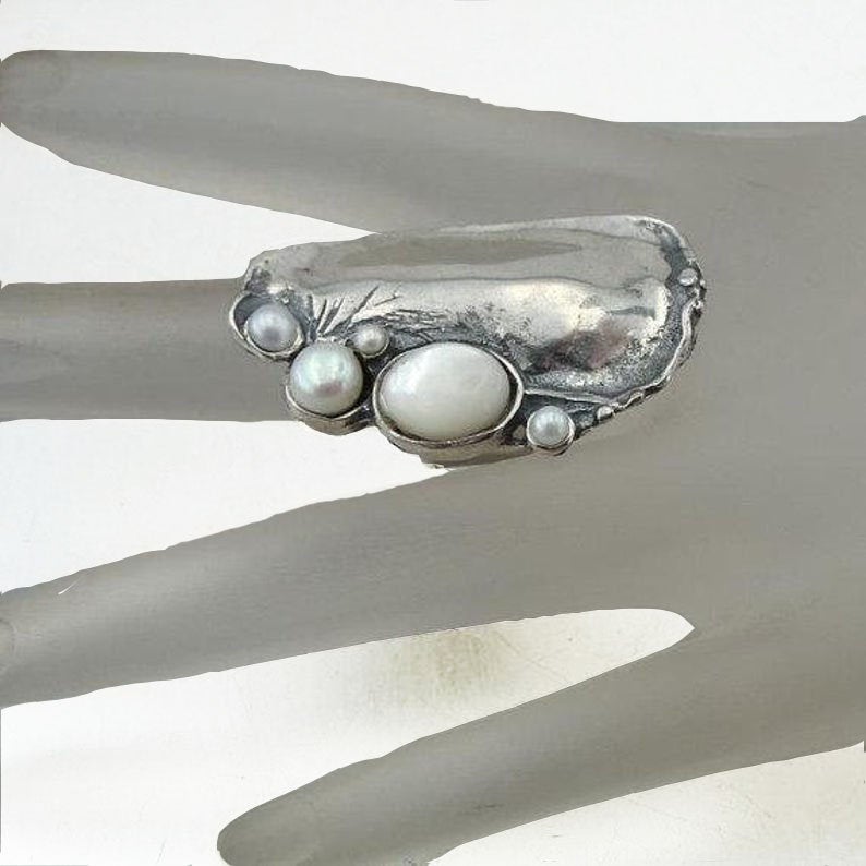 Sterling Silver Long Pearls Ring
