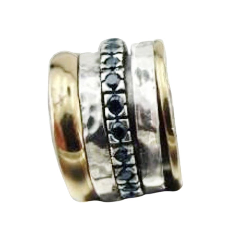 Heavy Swivel Yellow Gold 925 Silver Sapphire CZ Ring Chunky Ring Unisex Ring