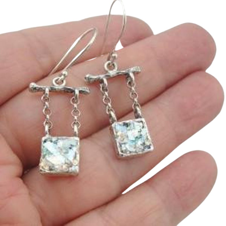 Sterling Silver and square Roman Glass dangles Earrings