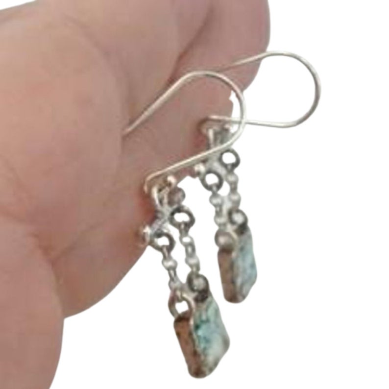 Sterling Silver and square Roman Glass dangles Earrings