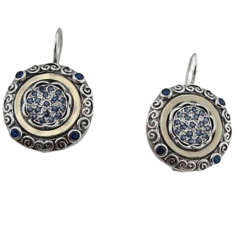 Oriental style silver and gold dangle earrings, decorated with blue Zircon