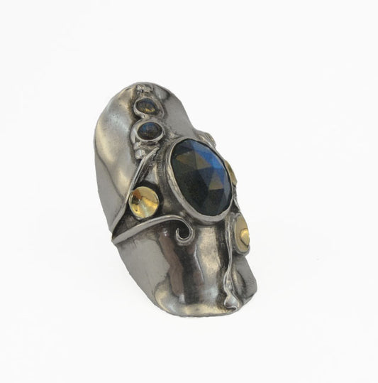 Labradorite Ring, Handmade 9K Yellow Gold 925 Sterling Silver Ring