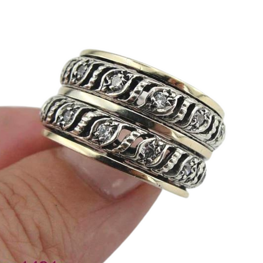 Swivel Band With Sterling Silver and 9K Gold Decorated With White Zircon