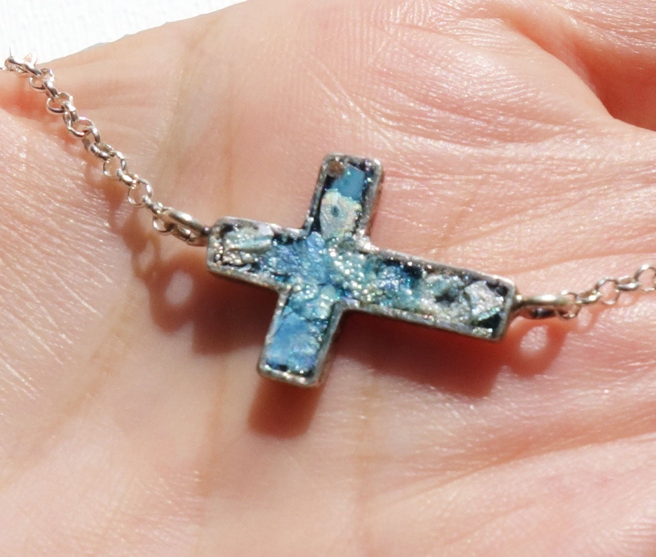 Roman Glass Cross, Sterling Silver Roman Glass Cross Pendant, Beautiful Christmas Gift For Women!