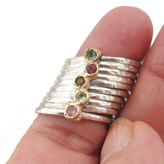 Long Stackable 9k Yellow Gold 925 Silver Tourmaline Ring