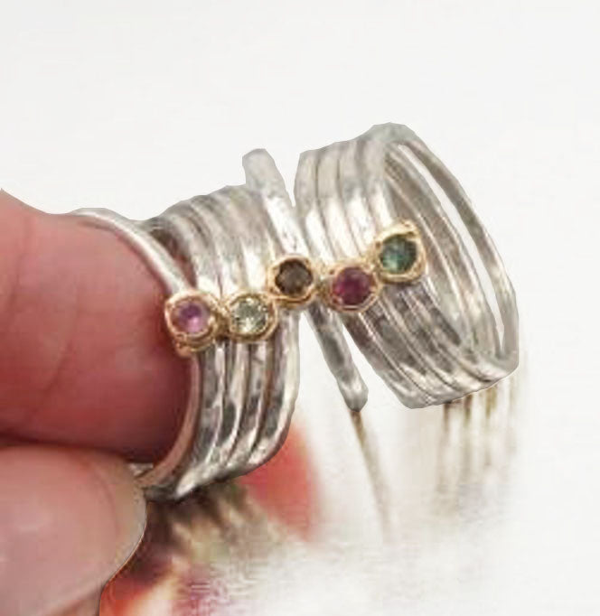 Long Stackable 9k Yellow Gold 925 Silver Tourmaline Ring