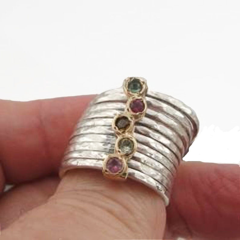 Long Stackable 9k Yellow Gold 925 Silver Tourmaline Ring