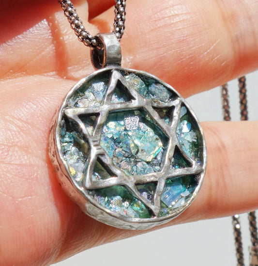 Sterling Silver Roman Glass Star of David Pendant Roman Glass Antique Pendant