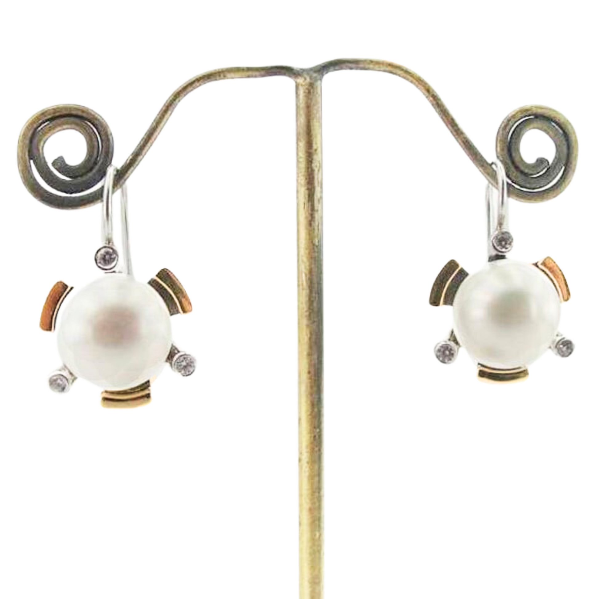 Pearl Earrings, Big Pearl Earrings with Zircon and Gold inlaid in Sterling Silver 
