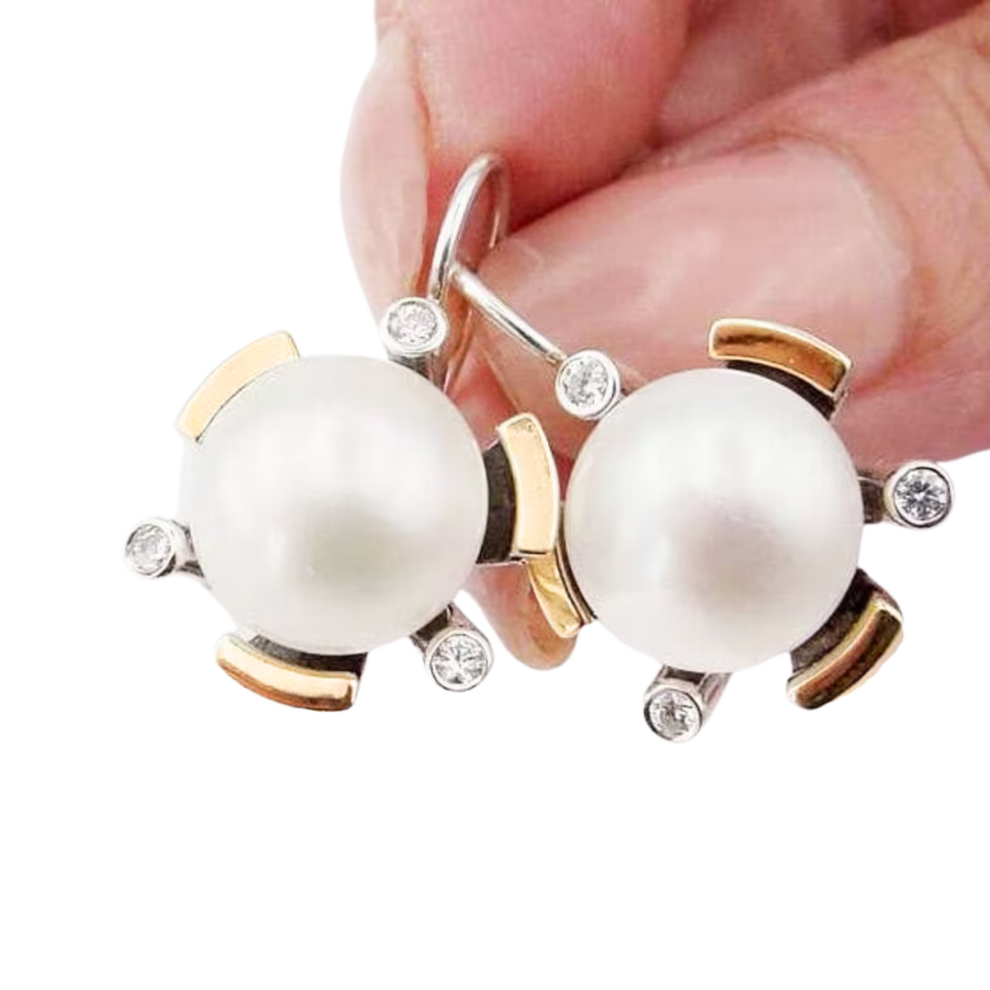 Pearl Earrings, Big Pearl Earrings with Zircon and Gold inlaid in Sterling Silver 