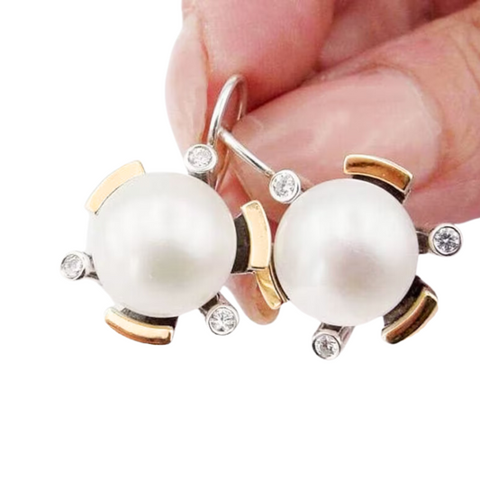 Pearl Earrings, Big Pearl Earrings with Zircon and Gold inlaid in Sterling Silver 