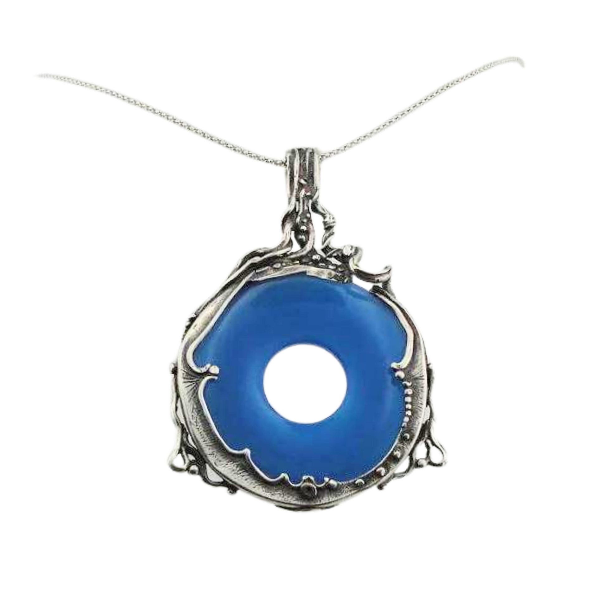 A HUGE 40mm Genuine natural Blue agate stone held by a beautiful sculpture of 925 sterling silver, Israeli jewelry, Israeli design, gift for her, unisex jewelry, unisex pendant, round blue agate pendant, boho chic jewelry, made in Israel