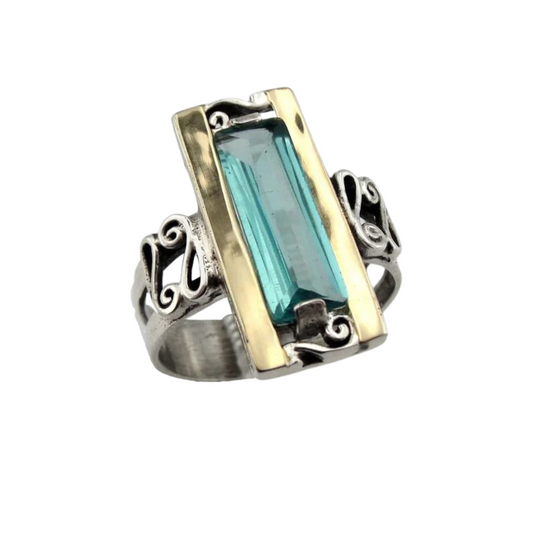 Sterling Silver and Gold Ring with Blue Topaz CZ - Unique Vintage Style Statement Ring - Customizable
