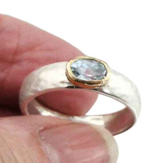 Blue Topaz Ring, Sterling Silver and Gold Ring with Natural Blue Topaz - Elegant Two-Tone Band - Customizable