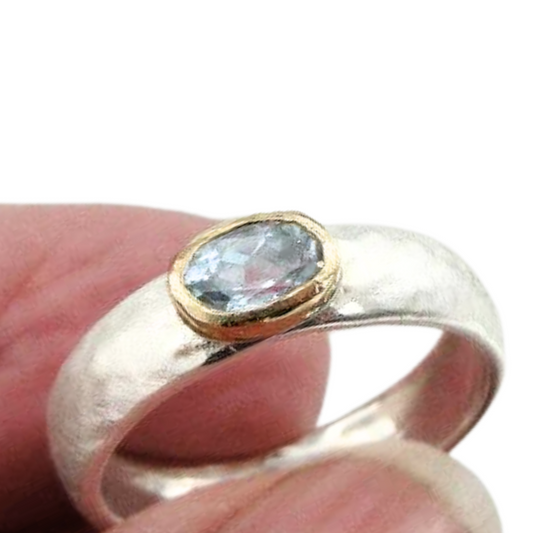 Blue Topaz Ring, Sterling Silver and Gold Ring with Natural Blue Topaz - Elegant Two-Tone Band - Customizable