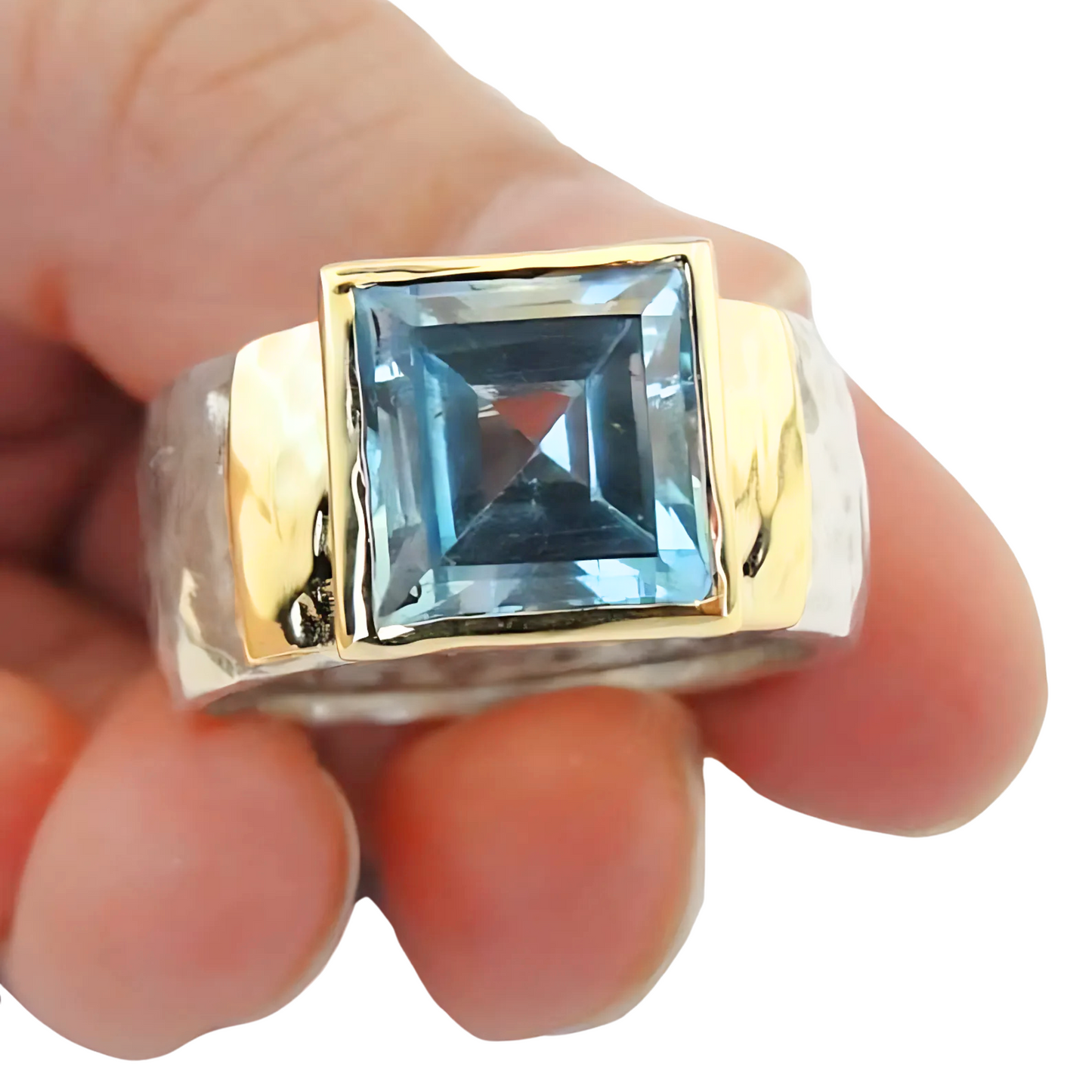 Bold Natural Blue Topaz Ring in Sterling Silver and Yellow Gold – 10mm Square-Cut Gemstone