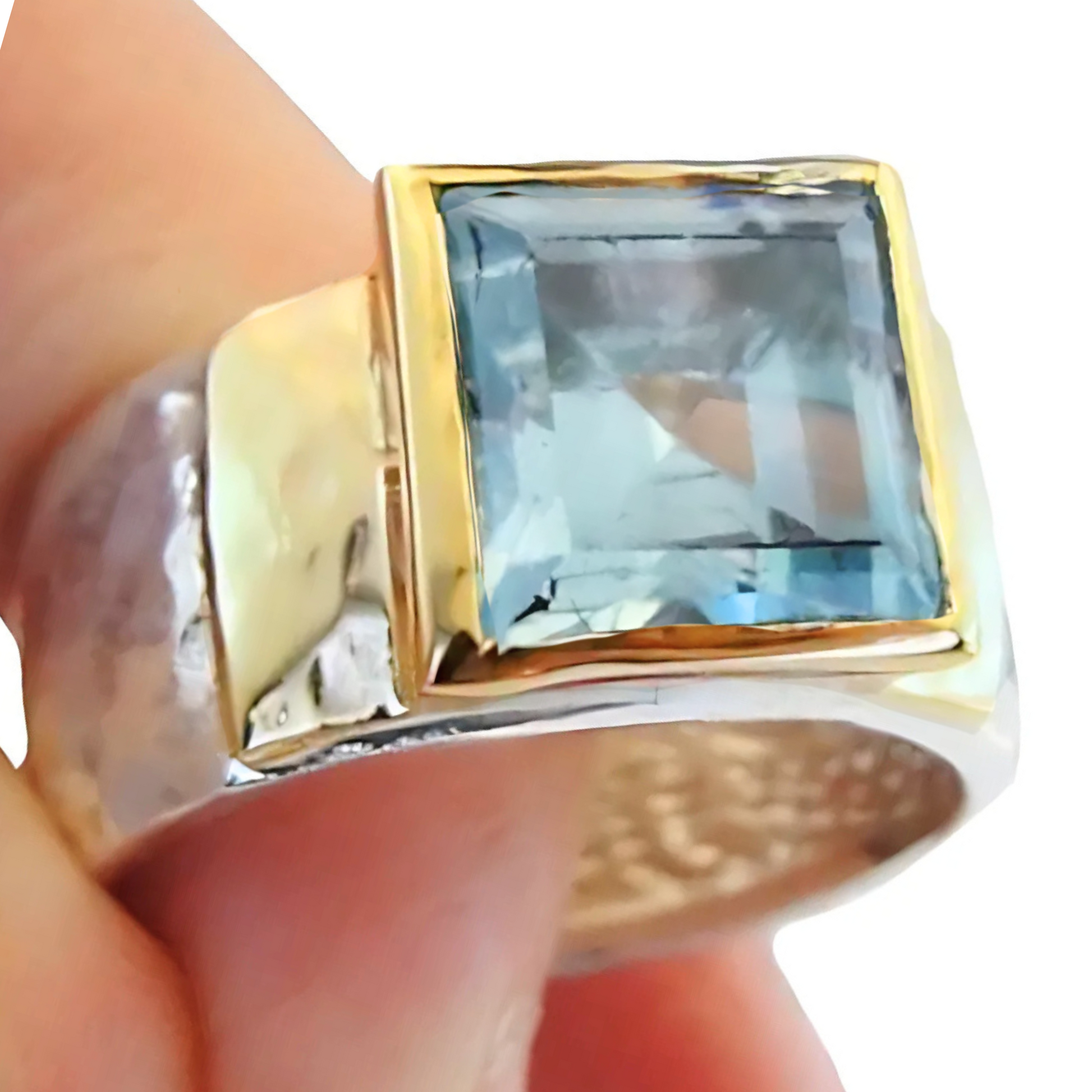 Bold natural blue topaz ring with 10mm square-cut gemstone, crafted in sterling silver and yellow gold, high-quality statement jewelry, gift-ready packaging, perfect for daily wear or special occasions.