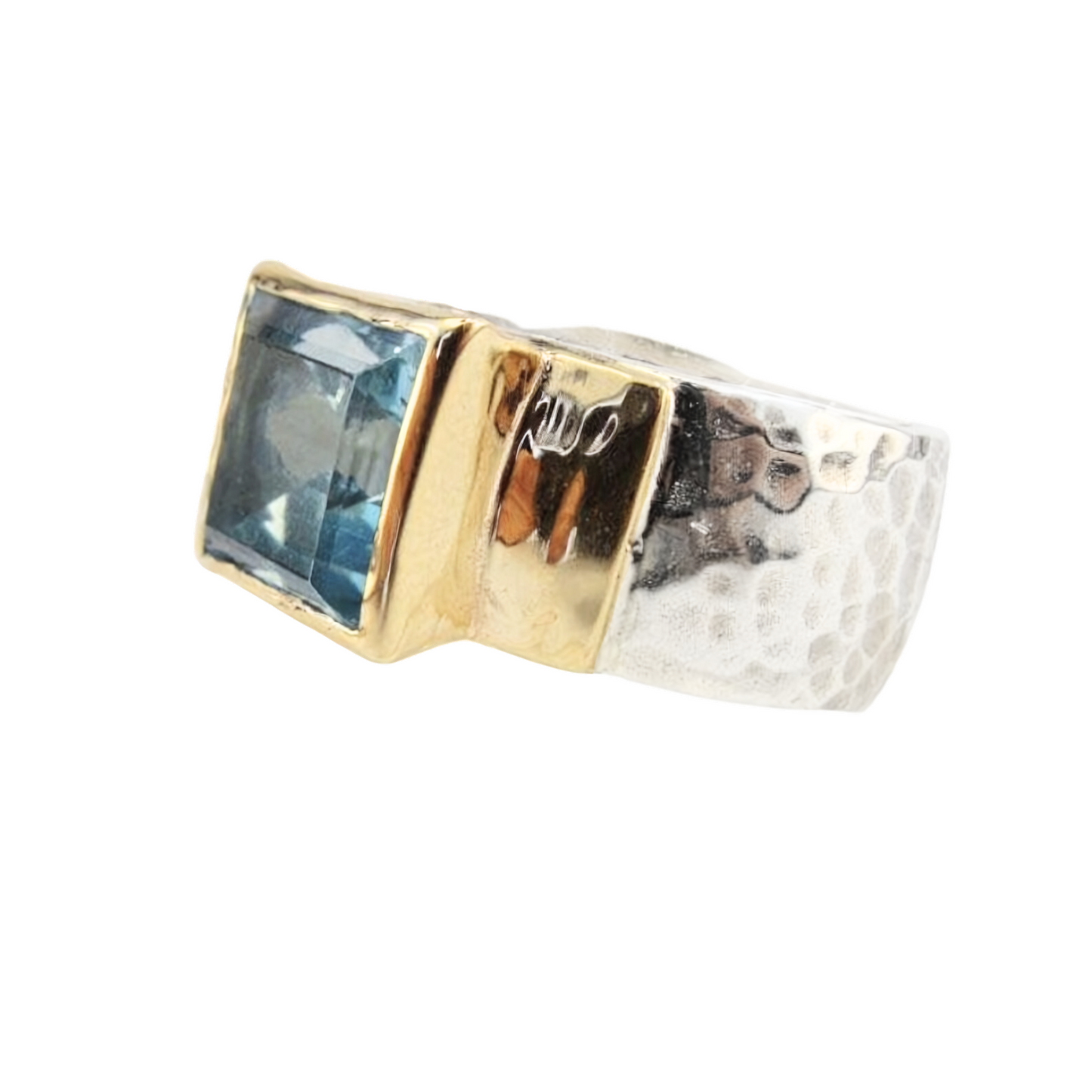 Bold Natural Blue Topaz Ring in Sterling Silver and Yellow Gold – 10mm Square-Cut Gemstone