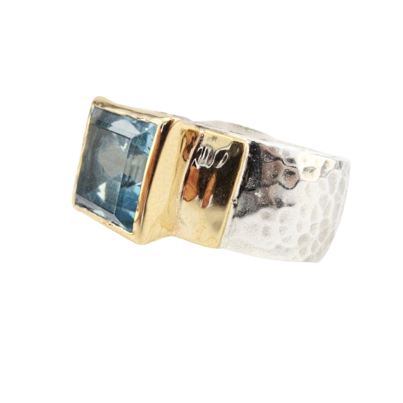 Square Blue Topaz Ring, silver and gold, chunky ring, square gemstone ...