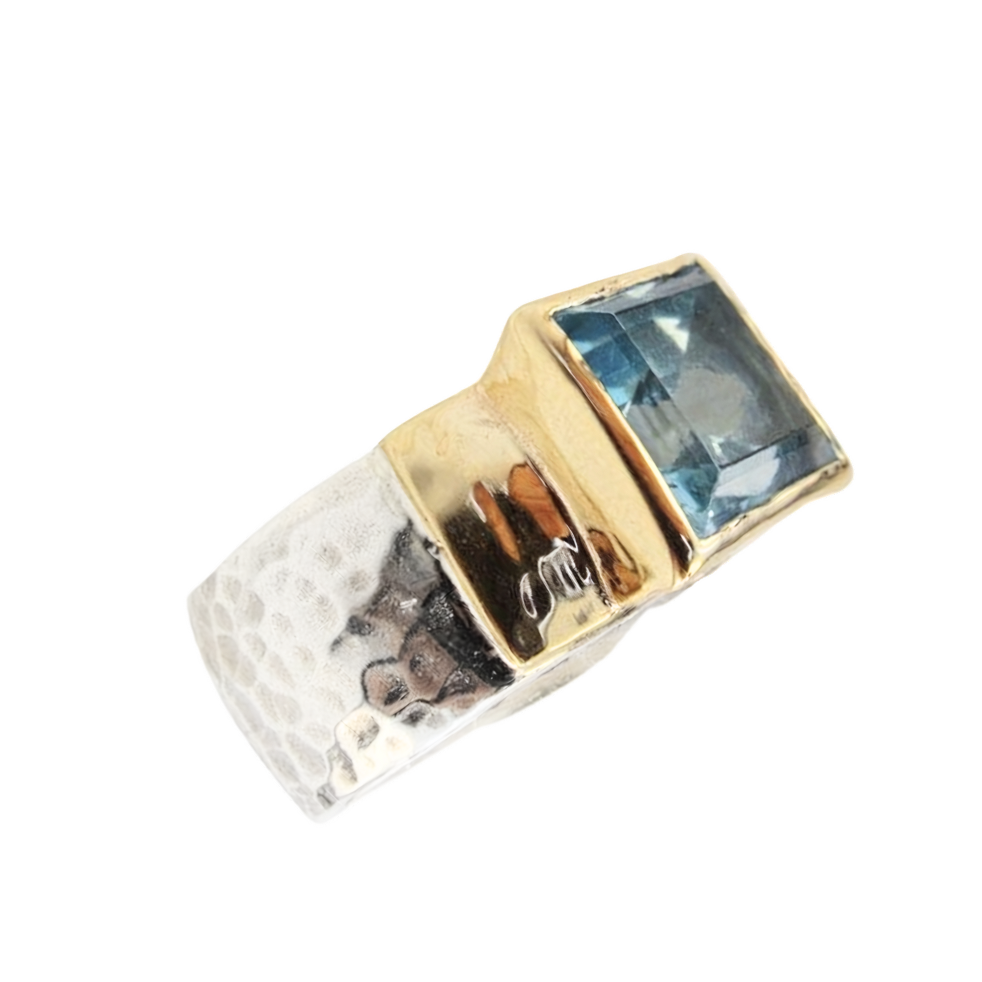 Bold natural blue topaz ring with 10mm square-cut gemstone, crafted in sterling silver and yellow gold, high-quality statement jewelry, gift-ready packaging, perfect for daily wear or special occasions.