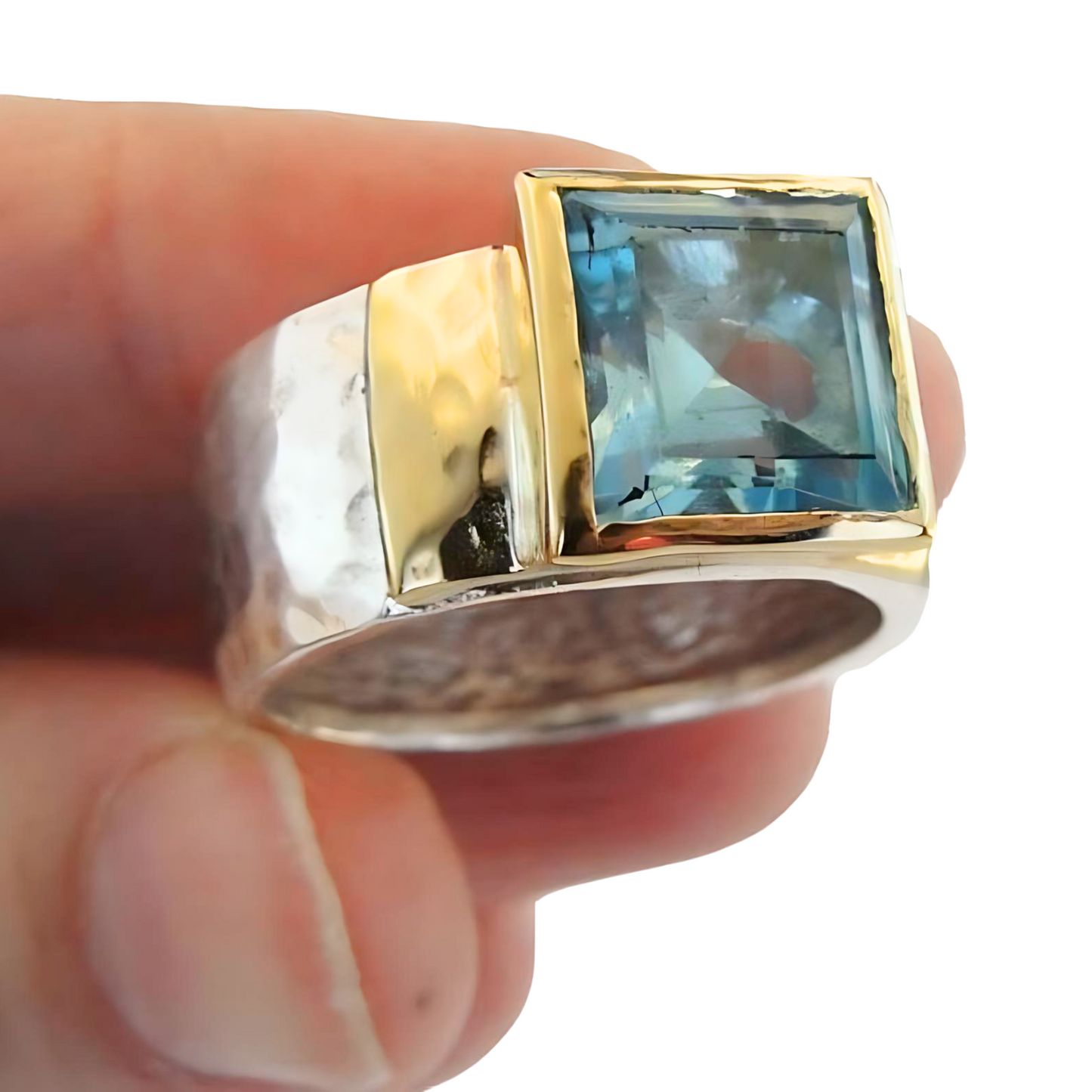 Bold Natural Blue Topaz Ring in Sterling Silver and Yellow Gold – 10mm Square-Cut Gemstone