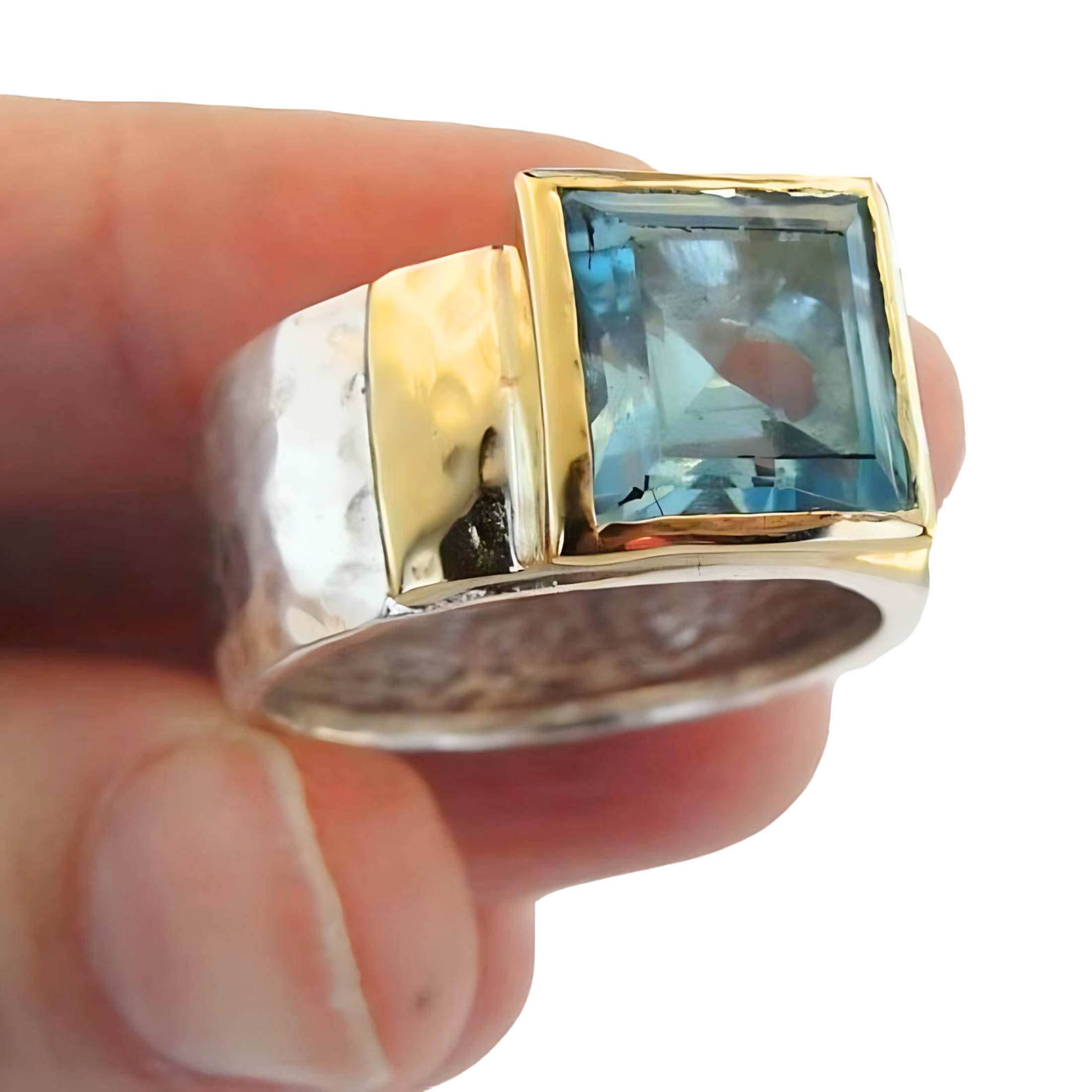 Square Blue Topaz Ring, silver and gold, chunky ring, square gemstone ...