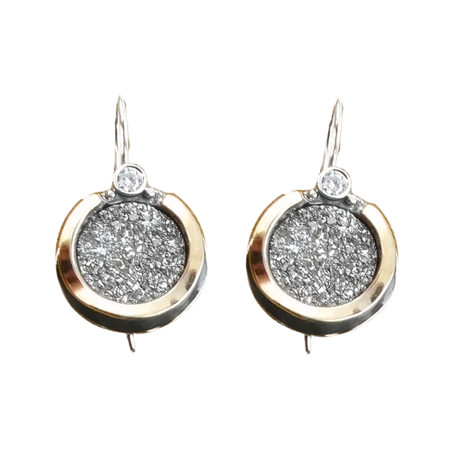 Elegant handmade sterling silver earrings featuring shimmering druzy gemstones set in a unique 9K yellow gold frame with clear zircon accents. These artisan-designed earrings by Hadar Jewelry combine the sparkle of druzy with the sophistication of gold and silver, creating a timeless piece perfect for both daily elegance and special occasions. The round shape and luxurious materials make these earrings an ideal statement accessory for those who appreciate fine, handcrafted jewelry.