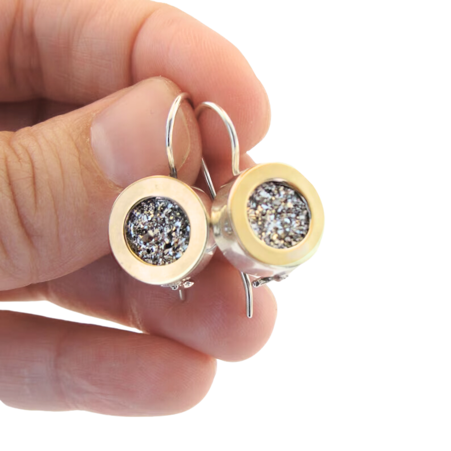 Sterling silver dangle earrings, decorated with yellow gold and druzy gemstone.