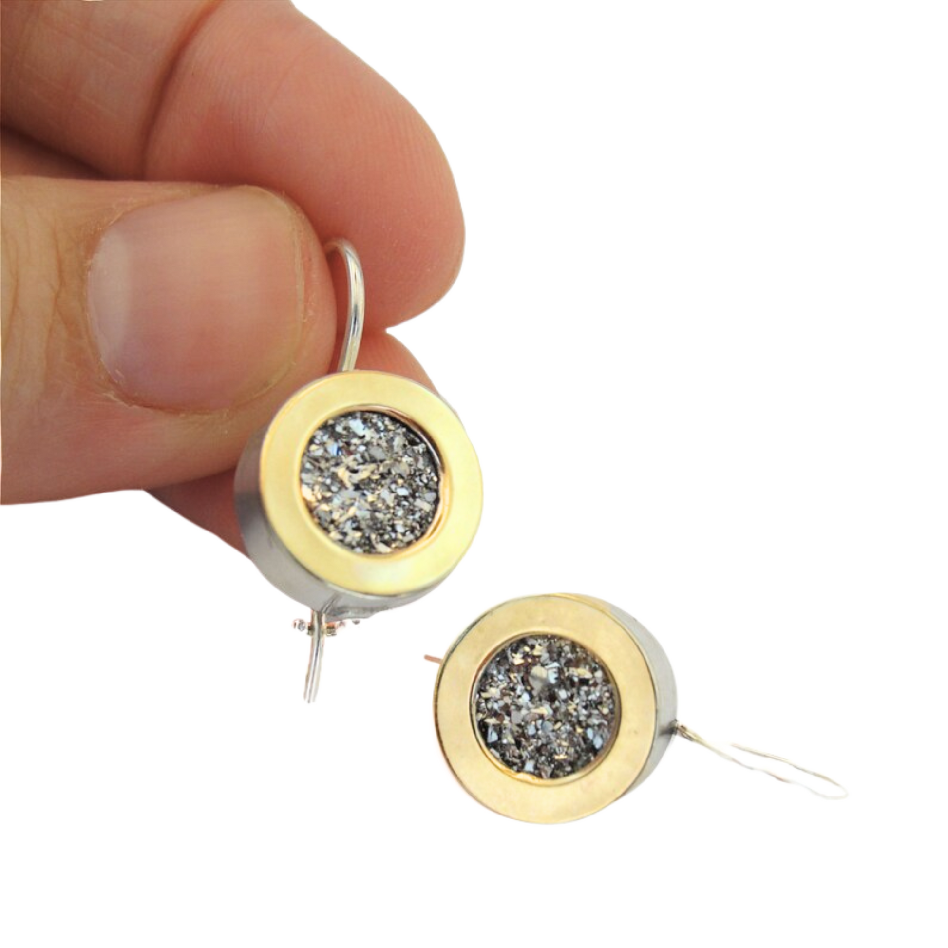 Sterling silver dangle earrings, decorated with yellow gold and druzy gemstone.