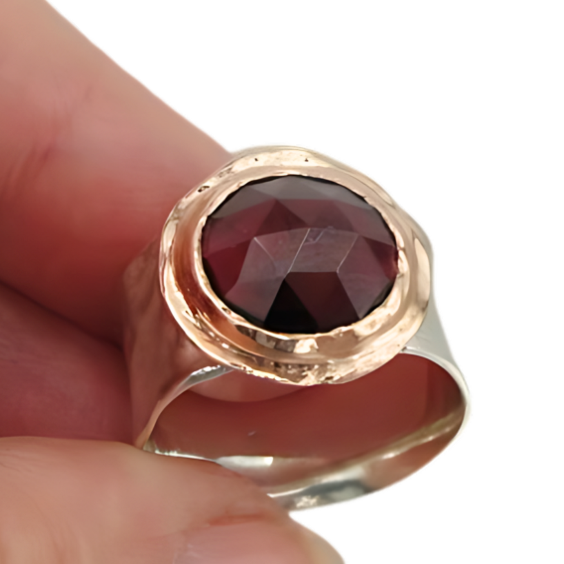 Sculptural sterling silver Ring with Natural Garnet gemstones, decorated with 9K Red Gold<br>Wide Ring, silver &amp; gold ring, statement ring.