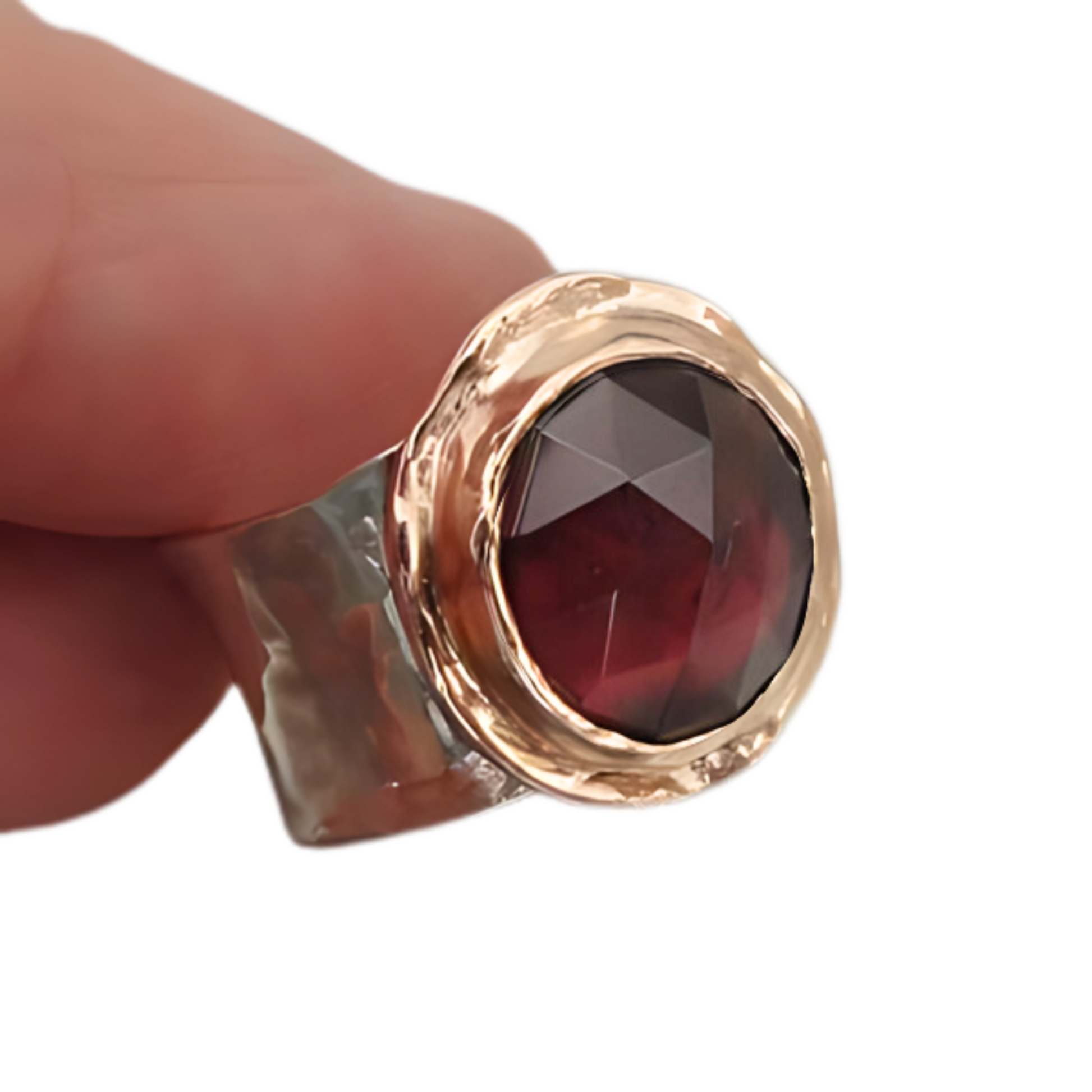 Sculptural sterling silver Ring with Natural Garnet gemstones, decorated with 9K Red Gold<br>Wide Ring, silver &amp; gold ring, statement ring.