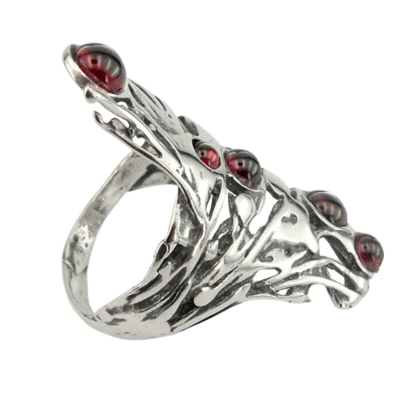 Garnet Ring, Long Sterling Silver and Garnet Ring, Israeli Jewelry, Unisex Ring, Long Finger Ring, Multi Gemstones Ring